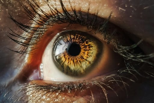 Close-up van een menselijk oog met goudbruine iris en lange wimpers.