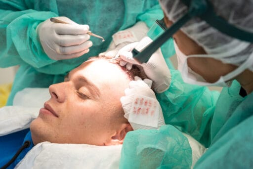 Dennis Schouten ondergaat een haartransplantatiebehandeling bij Zantman Kliniek, met specialisten die grafts nauwkeurig implanteren in zijn hoofdhuid.