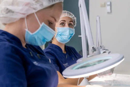 Twee haartransplantatieassistenten bij Zantman Kliniek werken zorgvuldig onder vergrootlampen met mondmaskers en haarnetjes voor optimale hygiëne en precisie.