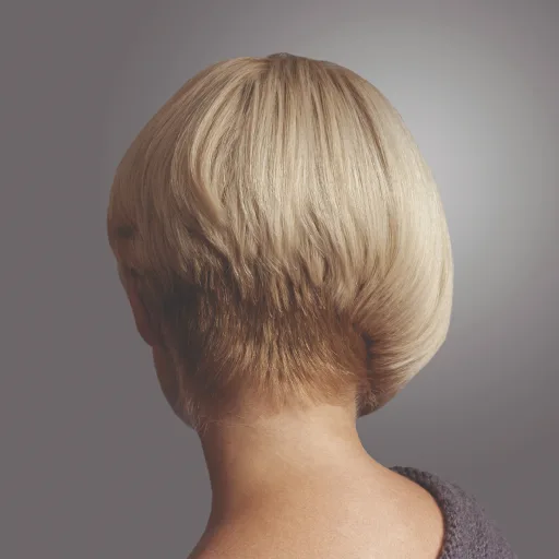 Achterkant van het hoofd van een vrouw met kort, gezond en glanzend blond haar, op een grijze achtergrond.