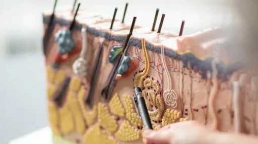 Gedetailleerd model van de huid met haarfollikels, waarbij een pen gebruikt wordt om onderdelen van de structuur uit te leggen, relevant voor haartransplantaties bij Zantman Kliniek.
