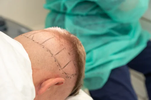 Dennis Schouten tijdens zijn haartransplantatiebehandeling, met getekende haarlijn en voorbereidingen in volle gang.