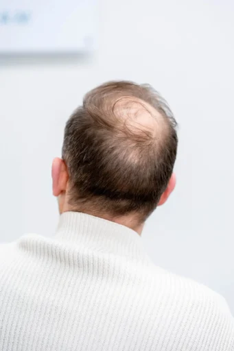 Achteraanzicht van een man met vergevorderde kaalheid op de kruin – gebruikelijk patroon voor haartransplantatie.