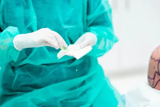 Chirurg in groene operatiekleding met witte handschoenen houdt een steriel gaasje vast tijdens een haartransplantatie om het behandelgebied te deppen.