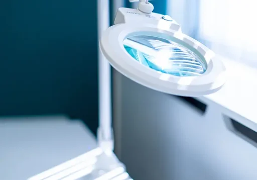 Verlichte loeplamp in een behandelruimte, gebruikt voor nauwkeurige haartransplantatieprocedures.