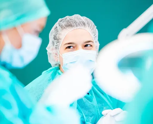 Vrouwelijke chirurg in groene chirurgische kleding en mondkapje kijkt geconcentreerd tijdens FUE-haartransplantatie, collega op de voorgrond onscherp.