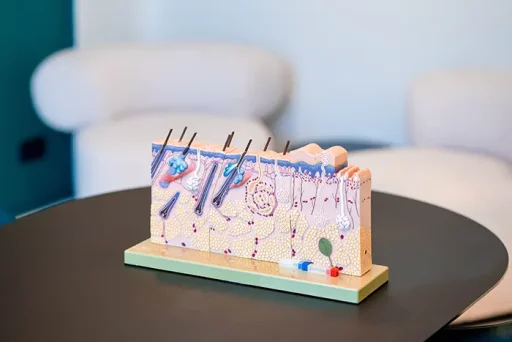 Anatomisch model van de menselijke huid en haarzakjes op een tafel tijdens consult over haartransplantatie.