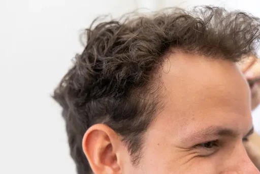 Close‑up van een man met voller haar en natuurlijke haarlijn na een succesvolle haartransplantatie.
