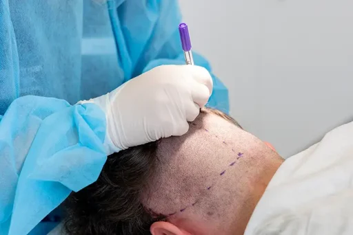 Chirurg markeert met een pen de nieuwe haarlijn op het hoofd van een man tijdens voorbereiding op een haartransplantatie.