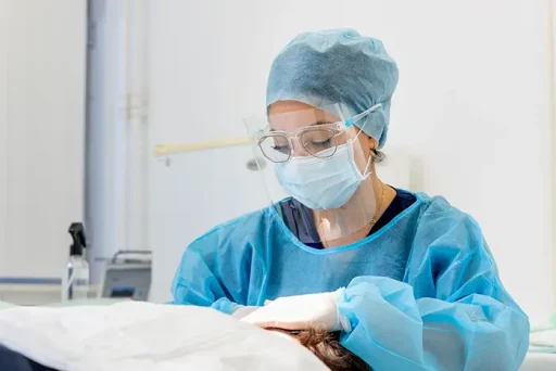 Chirurg met beschermende bril en gezichtsscherm voert een haartransplantatie uit bij een patiënt.