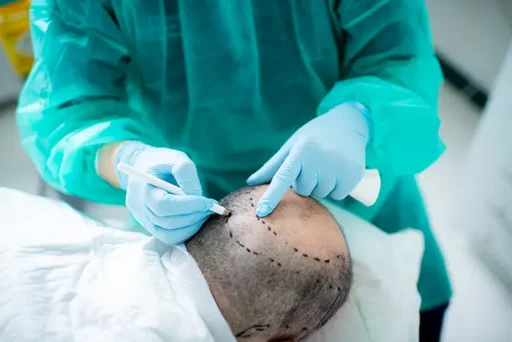 Chirurg tekent preoperatieve lijnen op het kaalgeschoren hoofd van een patiënt als voorbereiding op een haartransplantatie.