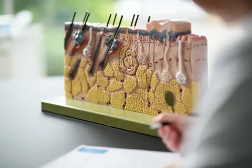 3D-model van de menselijke huid en haarzakjes met verschillende lagen en structuren, gebruikt om een haartransplantatie uit te leggen.