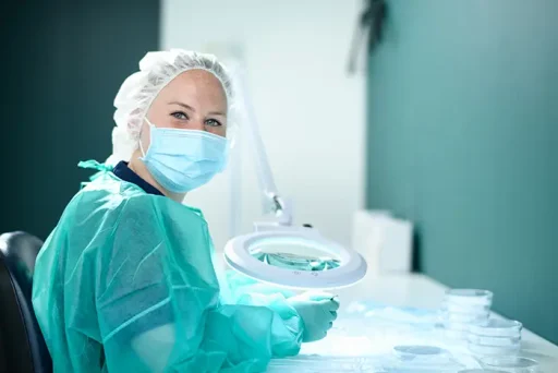 Chirurg in groene operatiekleding met mondmasker houdt een vergrootglas vast tijdens een haartransplantatie.