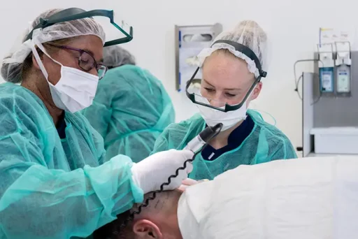 Artsen in groene operatiekleding voeren een haartransplantatie uit op een patiënt die ligt.