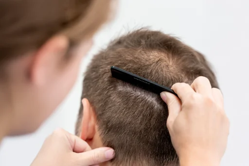 Persoon onderzoekt hoofdhuid van man met een kam om geschiktheid voor haartransplantatie te beoordelen