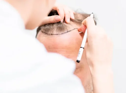 Arts tekent met een speciale pen de nieuwe haarlijn op het voorhoofd van een man ter voorbereiding op een haartransplantatie.