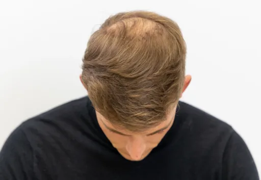 Man met dunner wordend haar kijkt naar beneden, met zichtbare haaruitval op de kruin.
