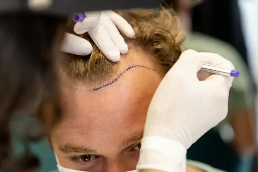 Chirurg tekent met een paarse markeerstift de nieuwe haarlijn op het voorhoofd van een patiënt tijdens de voorbereiding van een haartransplantatie.